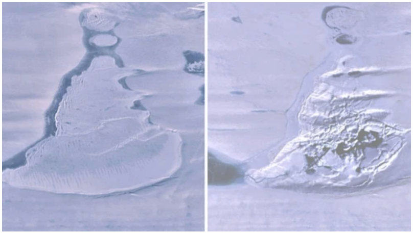 The lake before June 2019 and after, as a doline. Photo: Warner et al., Geophysical Research Letters, 2021 