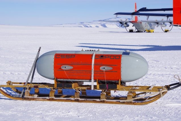 IcePod on Nansen Sled to transport between aircraft and fieldwork RAC tent on William's "Willy" Airfield. Photo: Susan Howard (ESR)