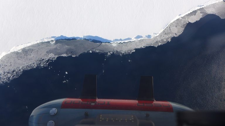 The IcePod flying over the the Ross Ice Shelf in Antarctica.