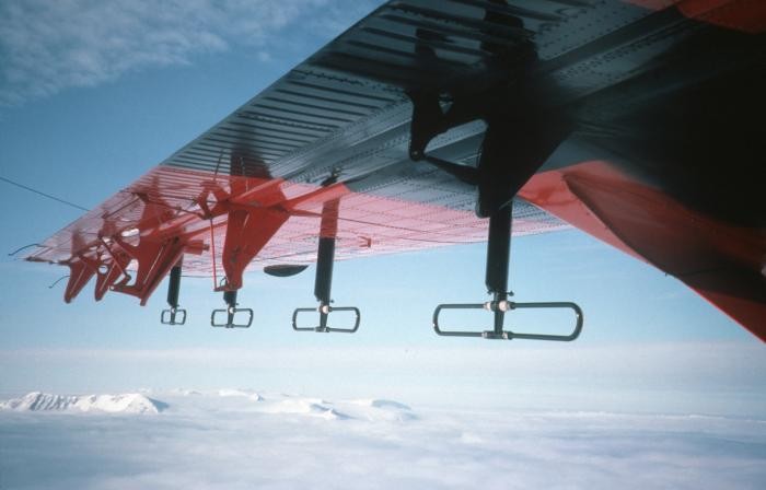 Radar antennae attached to wing of aircraft. Photo: British Antarctic Survey