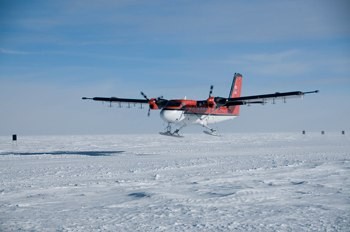 Twin Otter taking off from ice runway in Antarctica. Photo: Michael Studinger (LDEO)