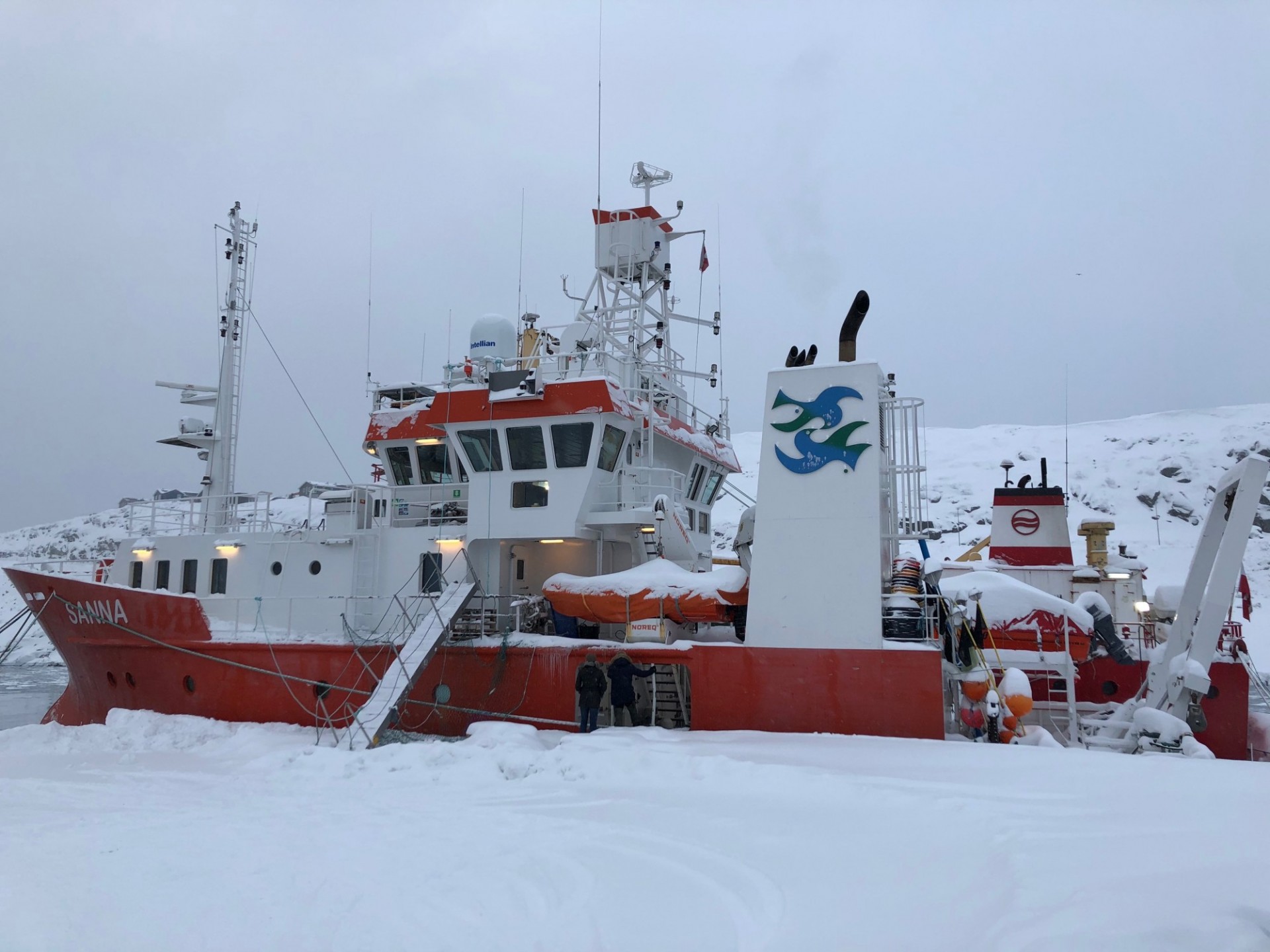 Greenland Research Vessel "Sanna" docked in the snow. Photo: Dave Porter (LDEO)