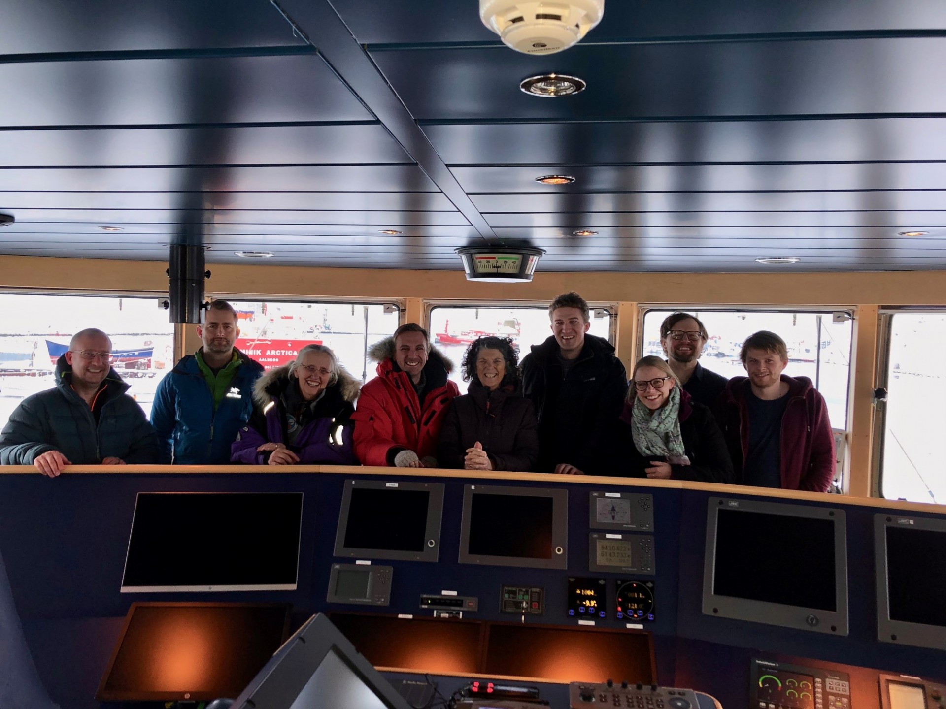 Greenland Rising team photo on bridge of research vessel Sanna. Photo: Dave Porter (LDEO)