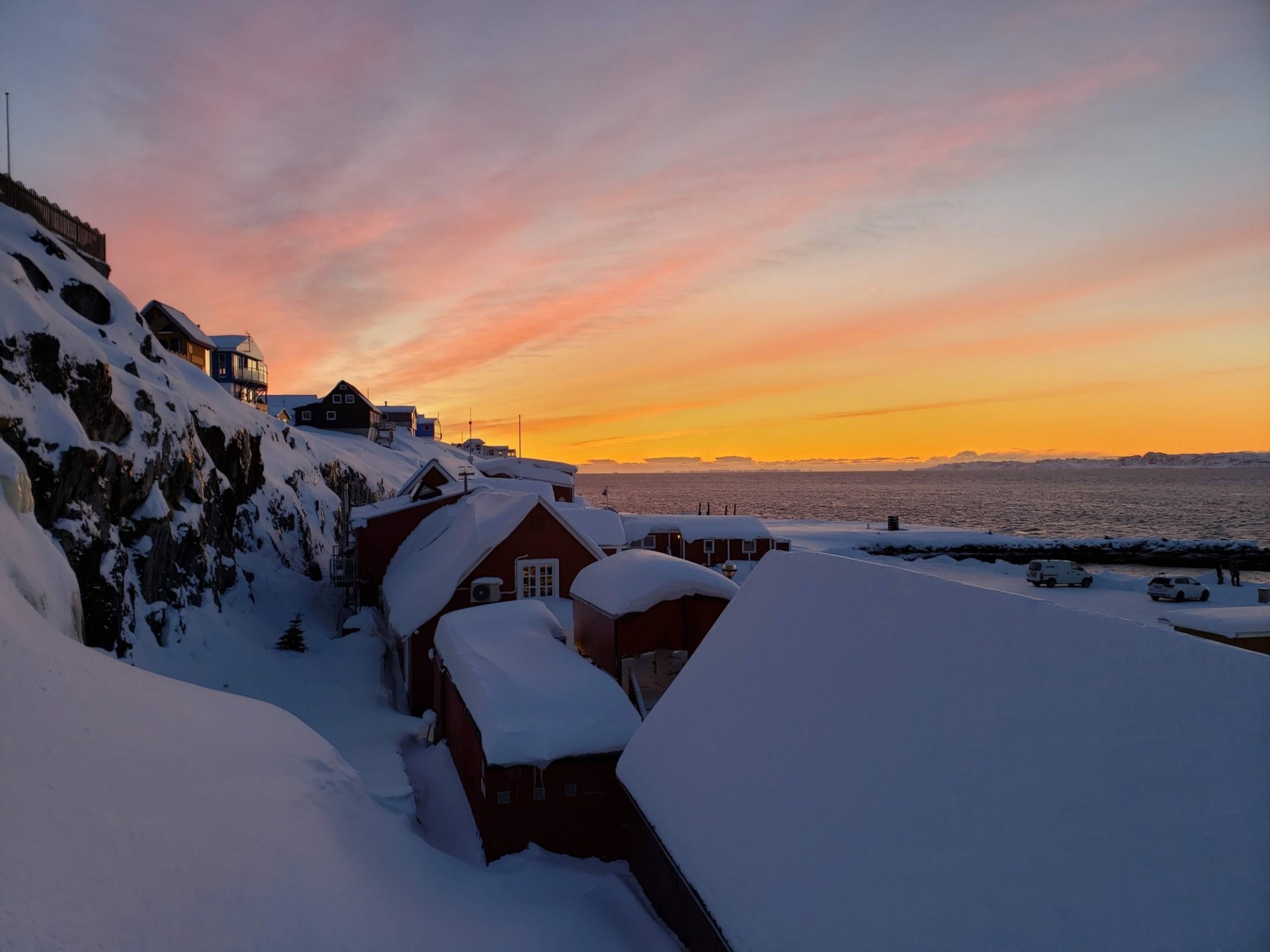 Sunset over snowy coastline of Nuuk, Greenland. Photo: Dave Porter (LDEO)