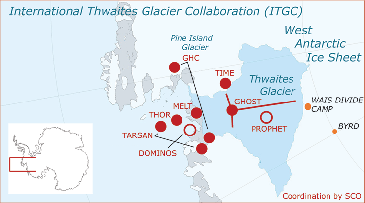 ITGC Field Program Map - The ITGC field projects (red solid circles) operate in specific geographic locations of Thwaites Glacier that are related to the processes they plan to investigate. Source: ITGC