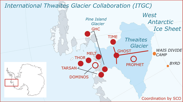 ITGC Field Program Map - The ITGC field projects (red solid circles) operate in specific geographic locations of Thwaites Glacier that are related to the processes they plan to investigate. Source: ITGC ITGC Field Program Map - The ITGC field projects (red solid circles) operate in specific geographic locations of Thwaites Glacier that are related to the processes they plan to investigate. Source: ITGC