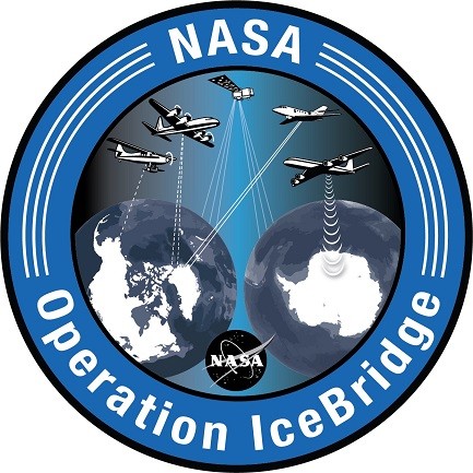 NASA Operation IceBridge Logo showing the polar regions and aircraft using remote sensing.