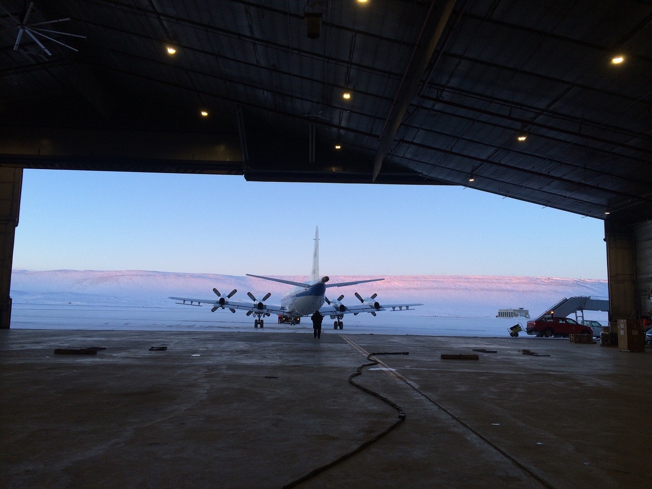NASA's P3 in an airplane hangar in Thule, Greenland. Photo: Caitlin Locke (LDEO)