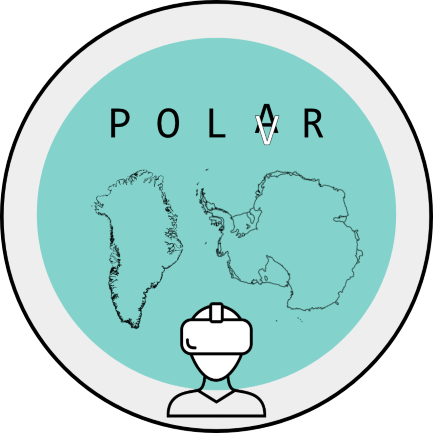 POL-AR/VR Project Logo is a grey circle with a teal circle inside it. The word POLAR has a V on top of the A. Outlines of the coasts of Greenland and Antarctica below group name. Line art of person wearing a VR headset at the bottom of the circle.
