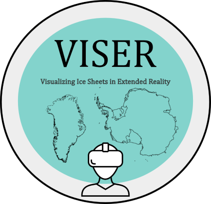 VISER Project Logo is a grey circle with a teal circle inside it. The word VISER and the words "Visualizing Ice Sheets in Extended Reality". Outlines of the coasts of Greenland and Antarctica below group name. Line art of person wearing a VR headset at the bottom of the circle.