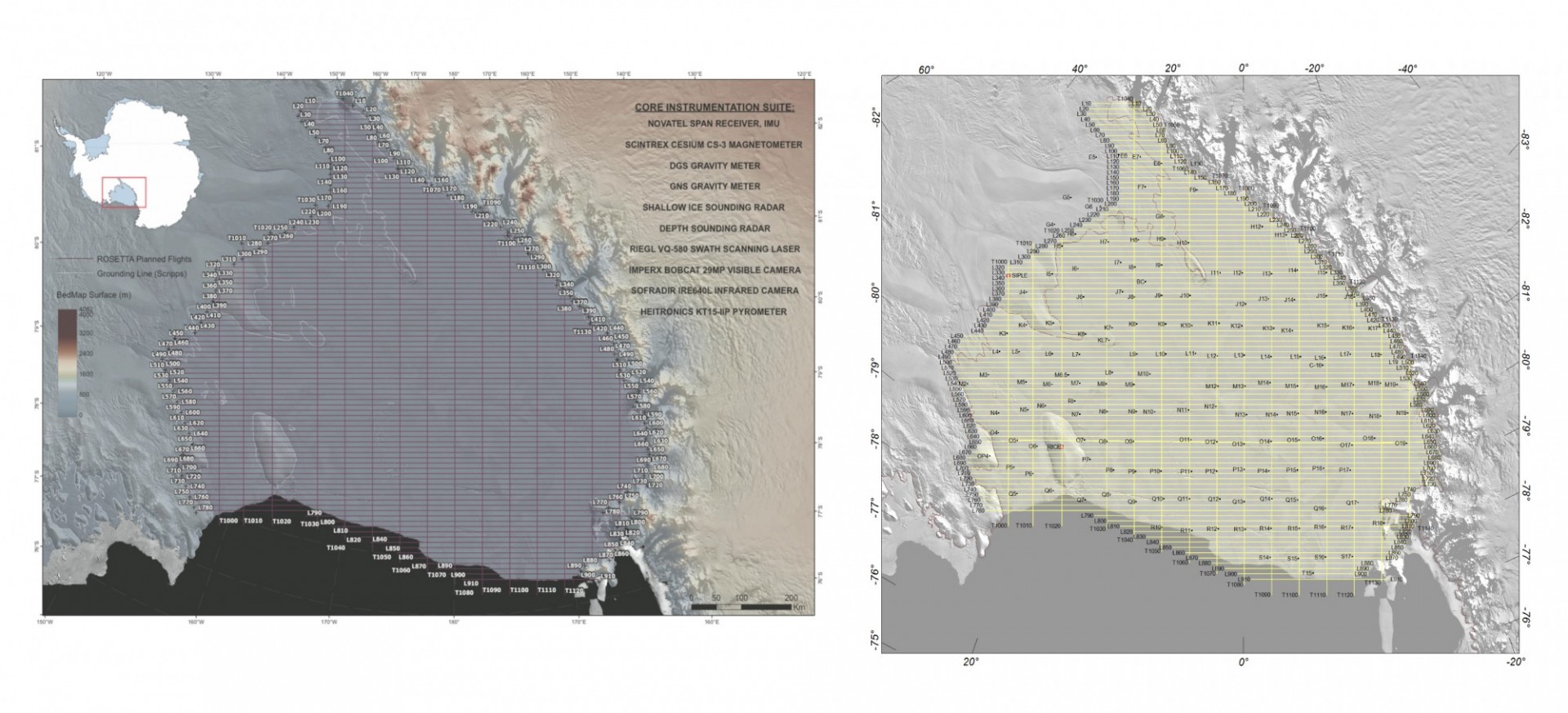 Two images of the Ross Ice Shelf with Rosetta Survey Grid overlain. Description below.