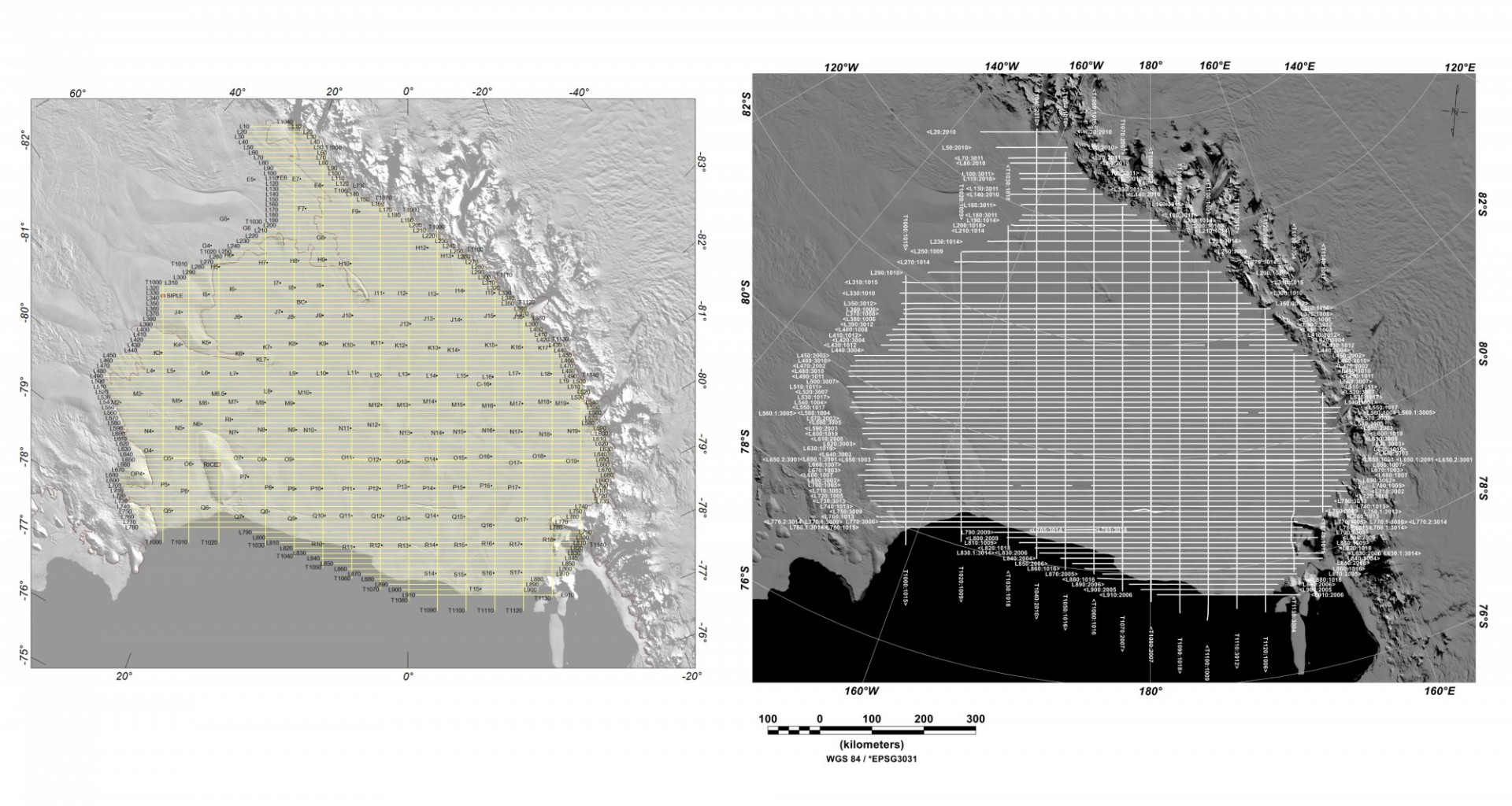 Ross Ice Shelf with planned survey grid and flown survey grid