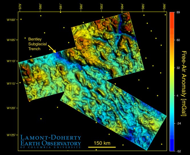 The free air gravity anomaly data using a histogram equalized color table and an illumination to reveal smaller details. Source: WAIS