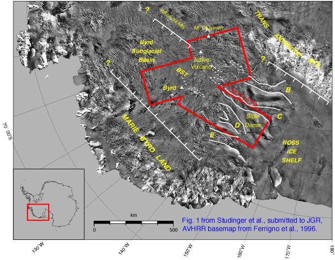 A map of the WAIS survey area in West Antarctica that covers a 300,000 square kilometer region (red outlined area). Source: WAIS
