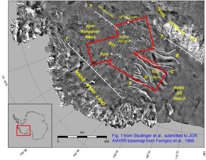 A map of the WAIS survey area in West Antarctica that covers a 300,000 square kilometer region (red outlined area). Source: WAIS