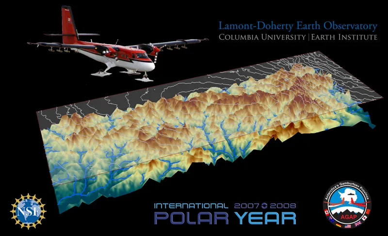 Poster of aircraft and topographical image from Antarctica with logos. Source: Hakim Abdi