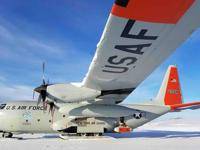 IcePod installed on LC-130 aircraft at Williams Field, Antarctica. Photo: Beth Burton (USGS)