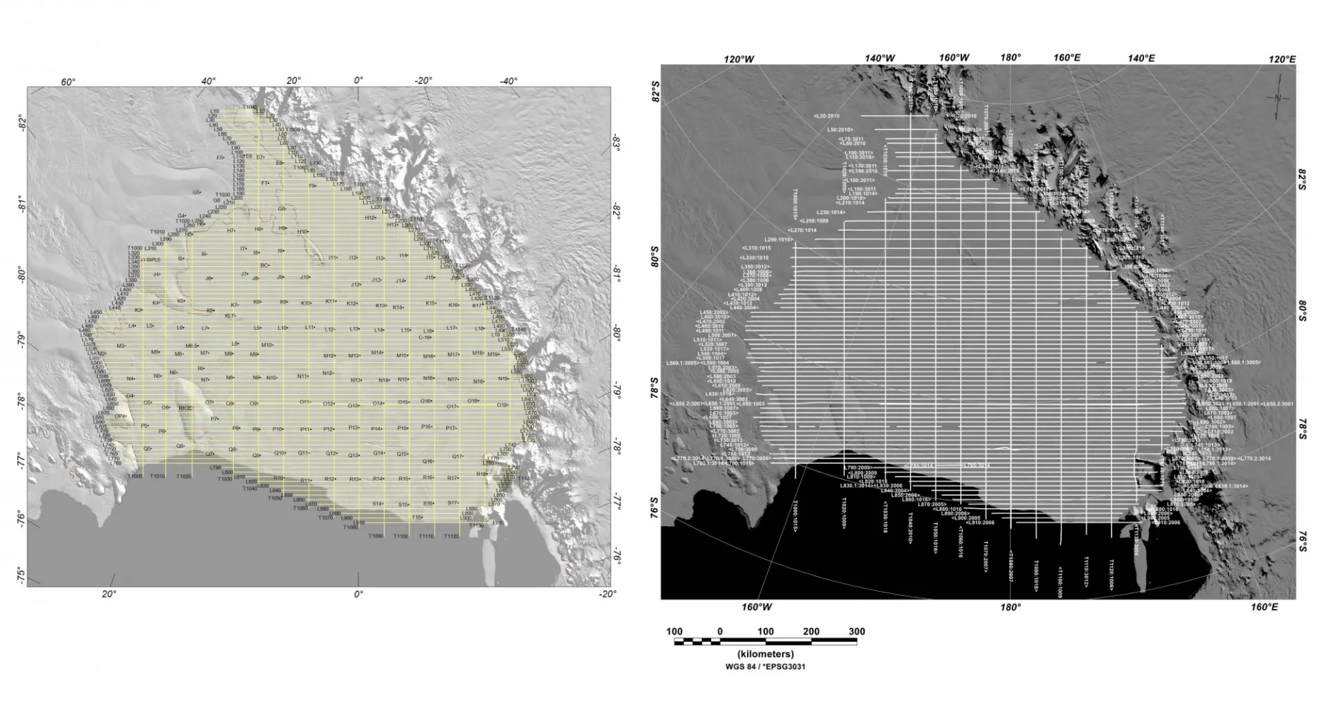 Ross Ice Shelf with planned survey grid and flown survey grid